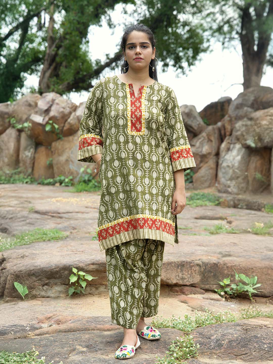 Bagru Handblock Printed Green Salwar Set