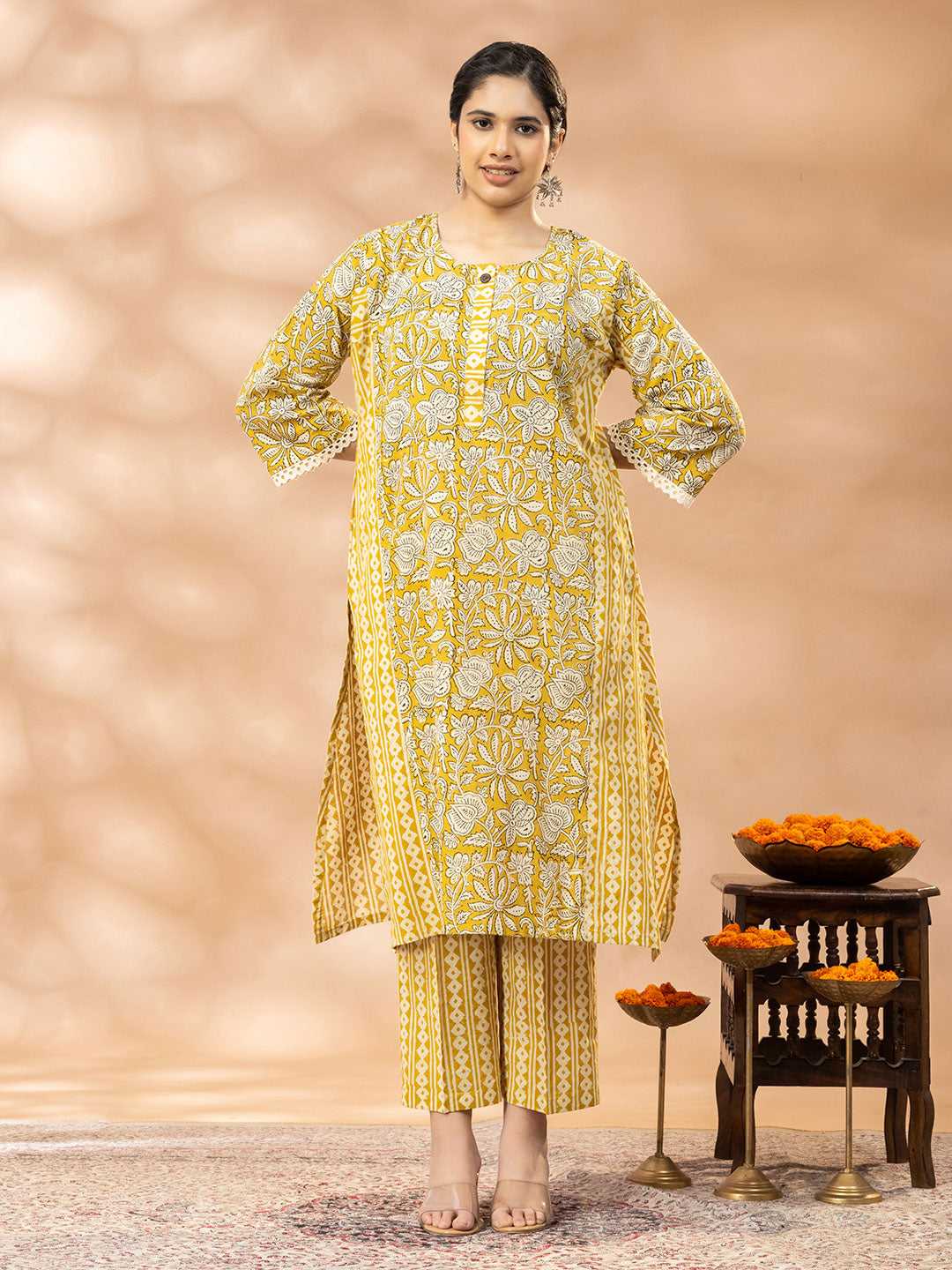 Bagru Yellow and White Floral Panel Lucknowi Cut Kurta set