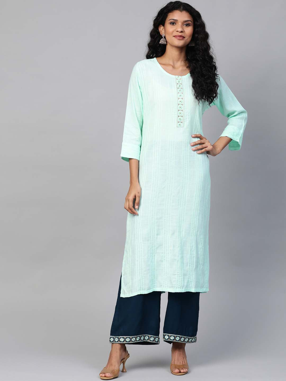 Women Blue Pintucks Detail Straight Kurta with Palazzos