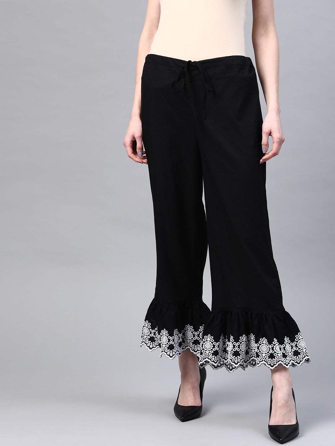 Women Black Embroidered Hem Design Cotton Wide Leg Sustainable Palazzos