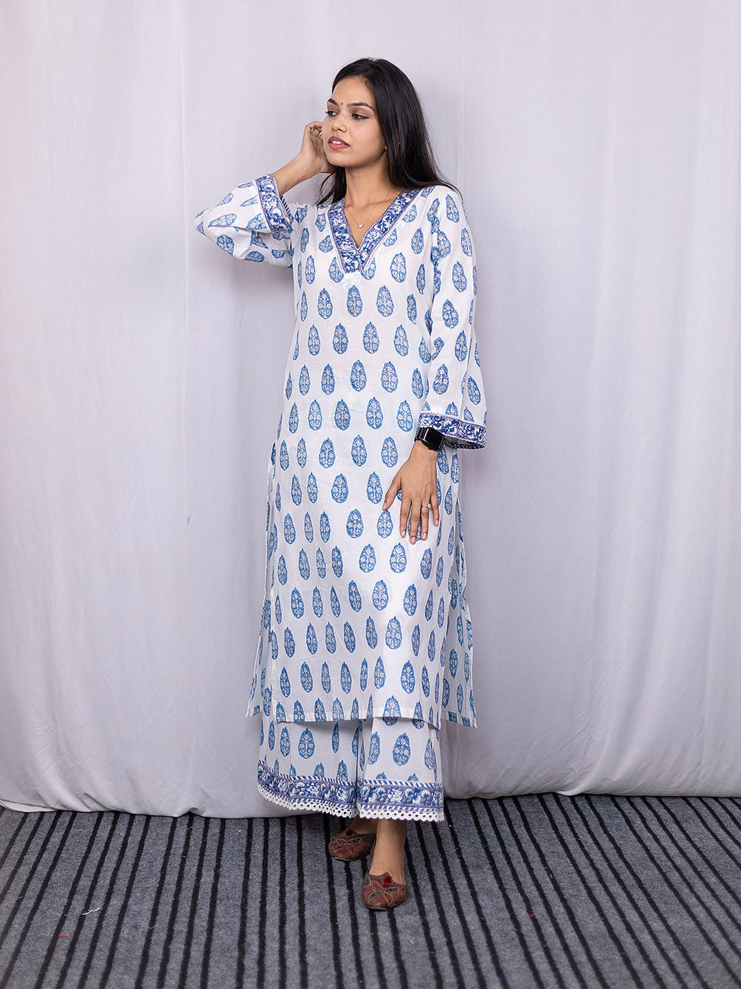 HandBlock Printed White and Blue Booty Kurta Set with Lace Detailing