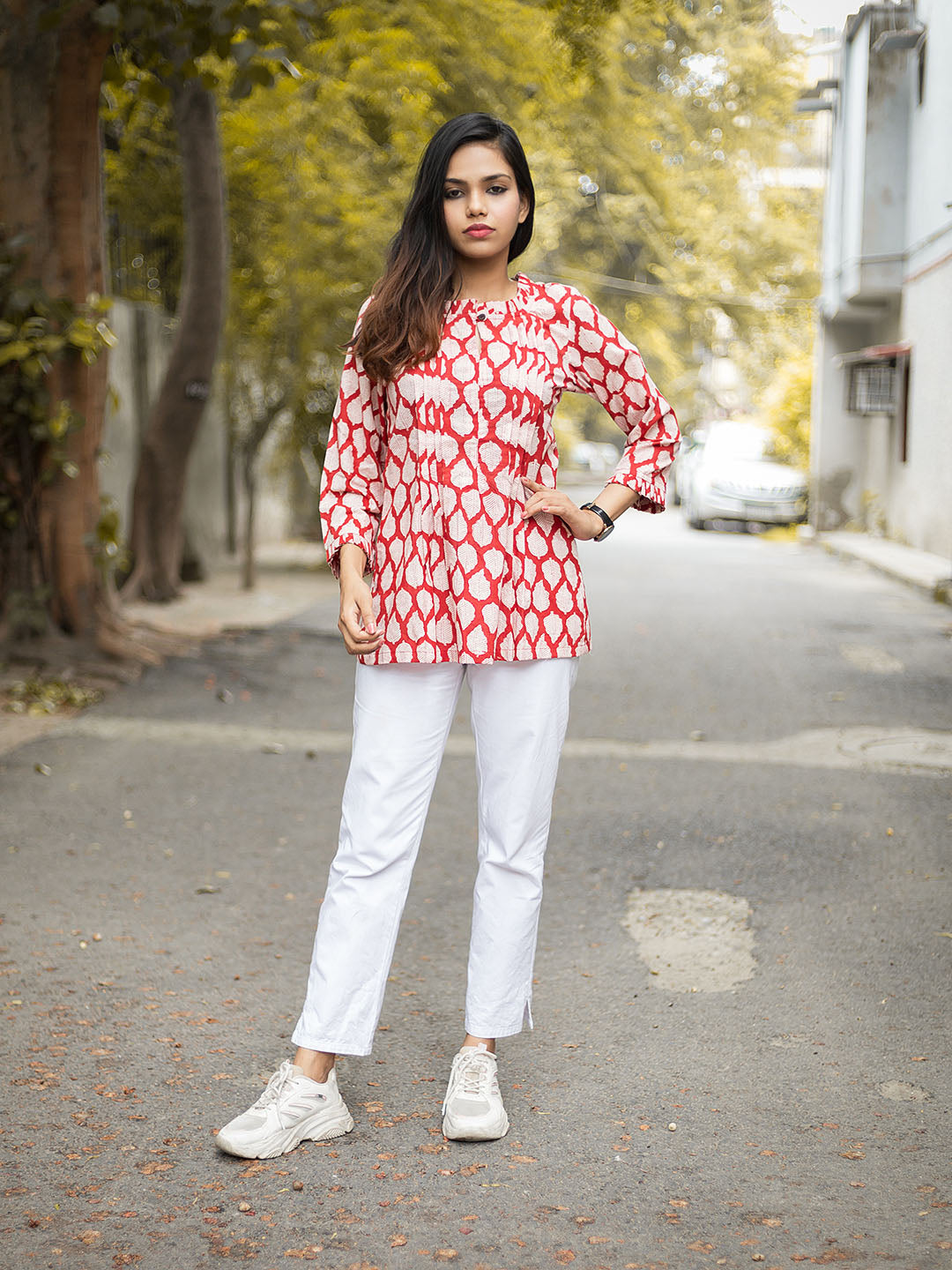 HandBlock Printed Red Leaf Print Top