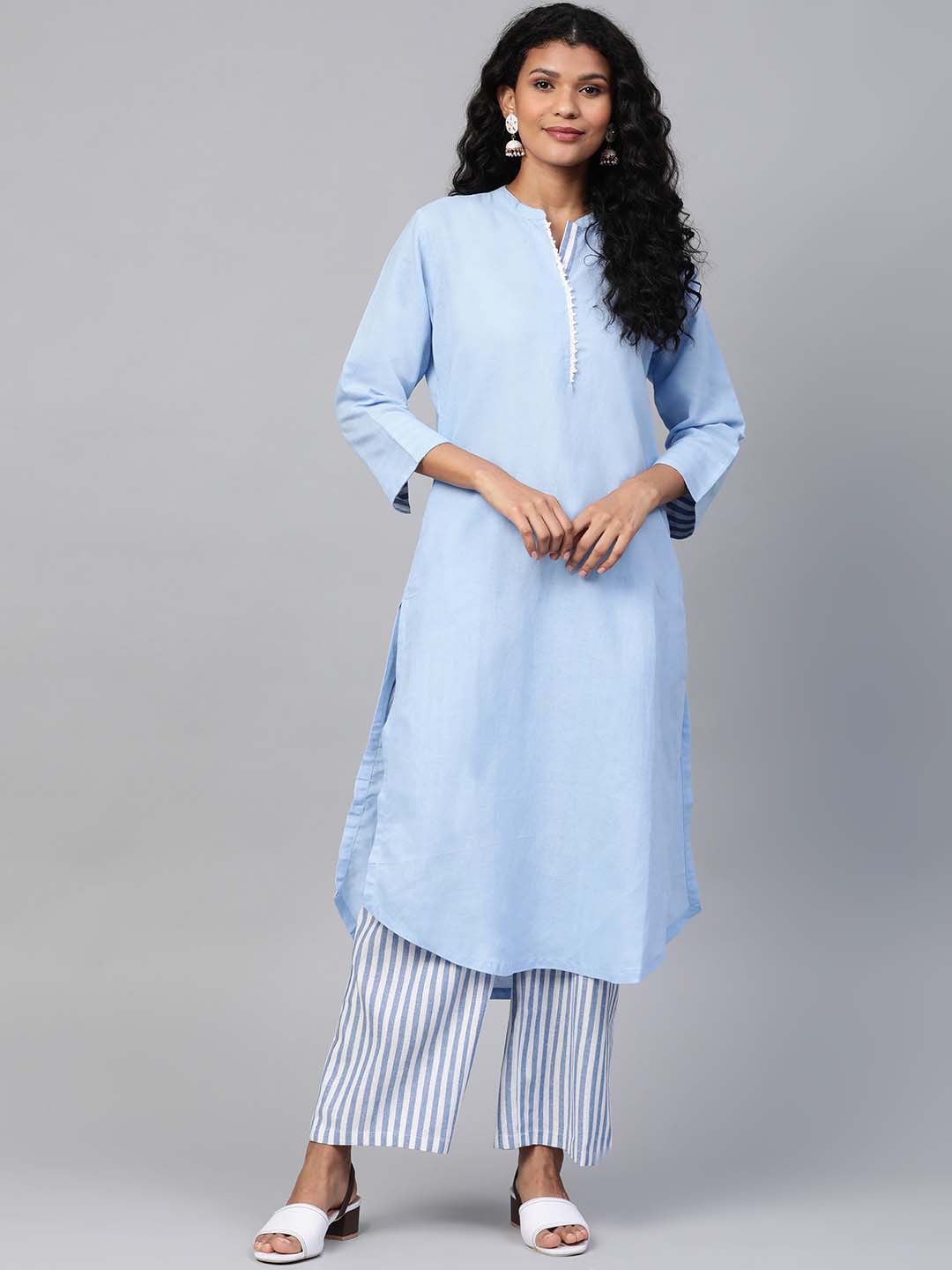 Blue & White Solid Kurta with Palazzos