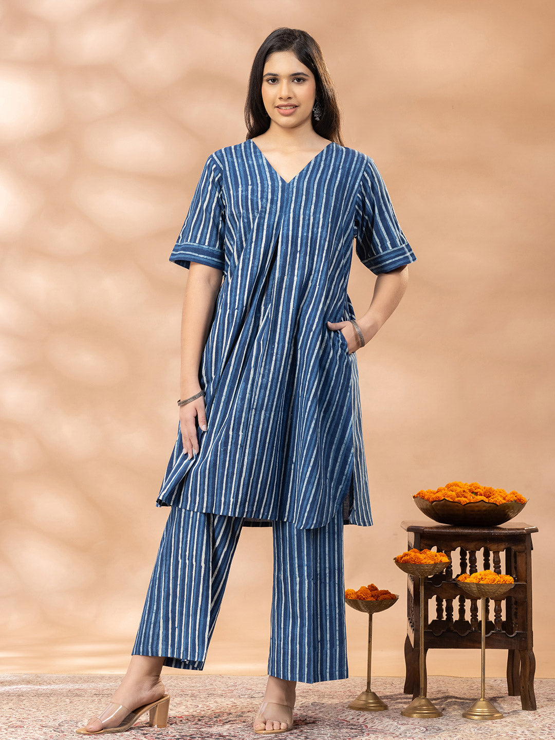 Bagru Indigo Striped V Neck Kurta Set