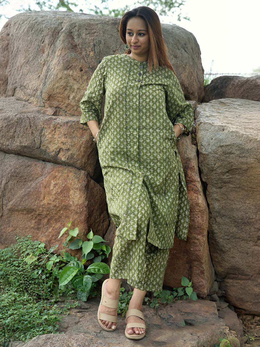 Bagru Handblock Printed Green Cactus Print Kurta Set