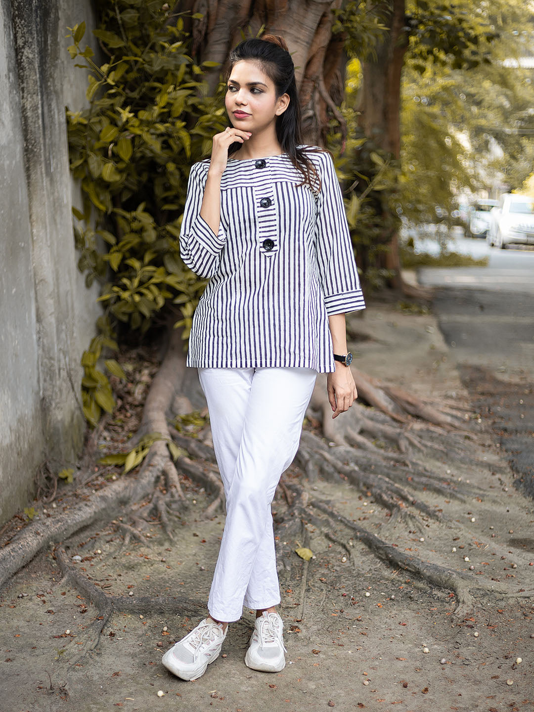 HandBlock Printed Black Striped Top