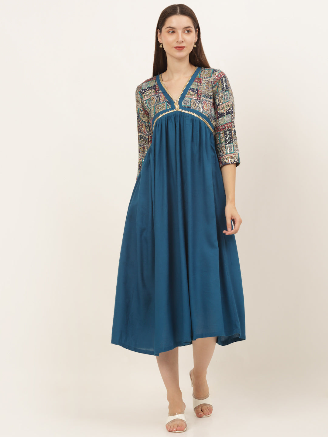 Teal Blue V Neck Rayon Gathered Dress