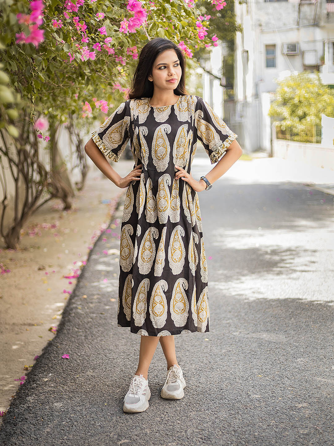 Handblock Printed Big Mughal Buta Dress