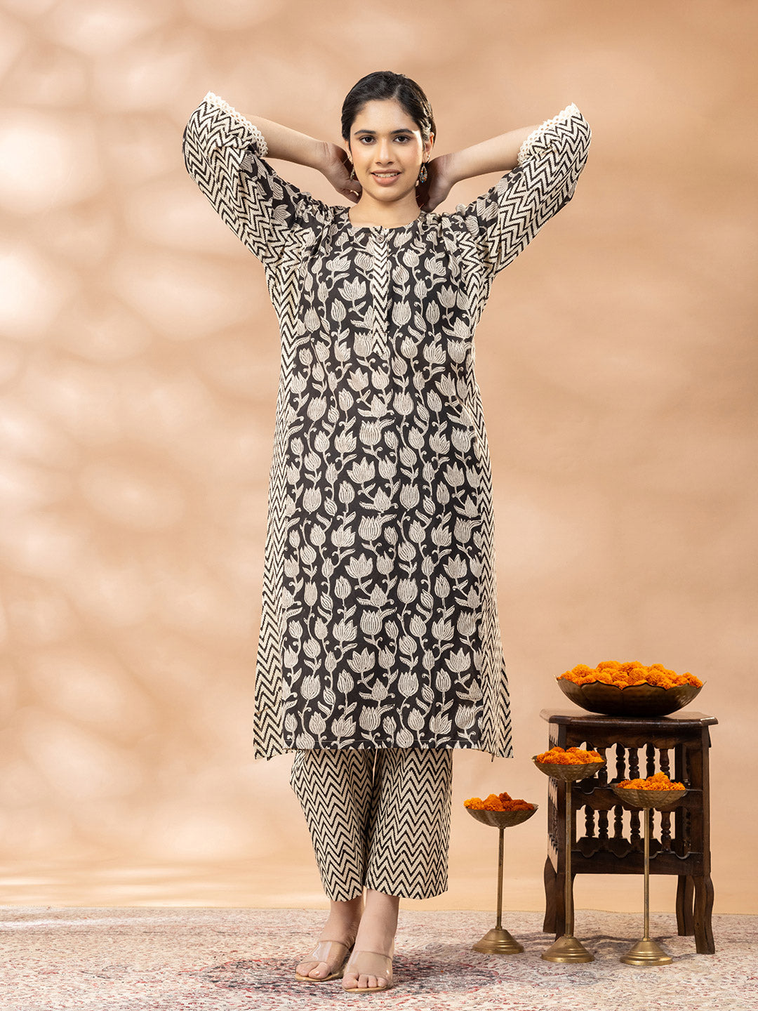 Bagru Black and Beige Floral Panel Lucknowi Cut Kurta set