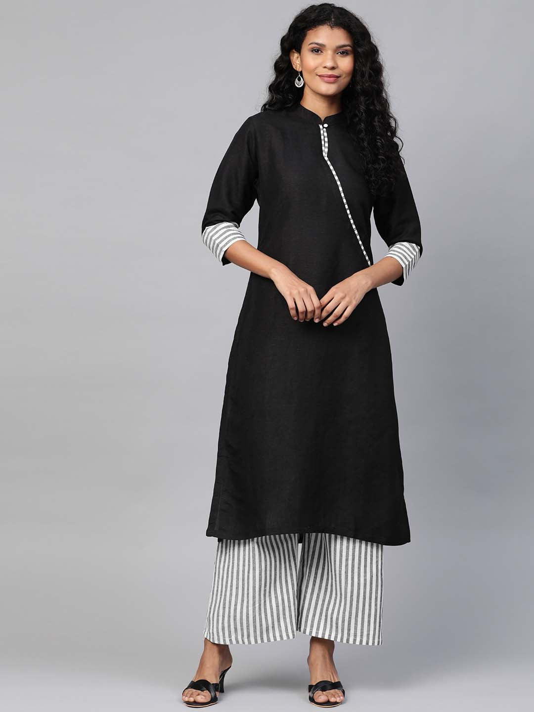 Black Linen Kurta With Striped Handloom Cotton Palazzo- Set of 2