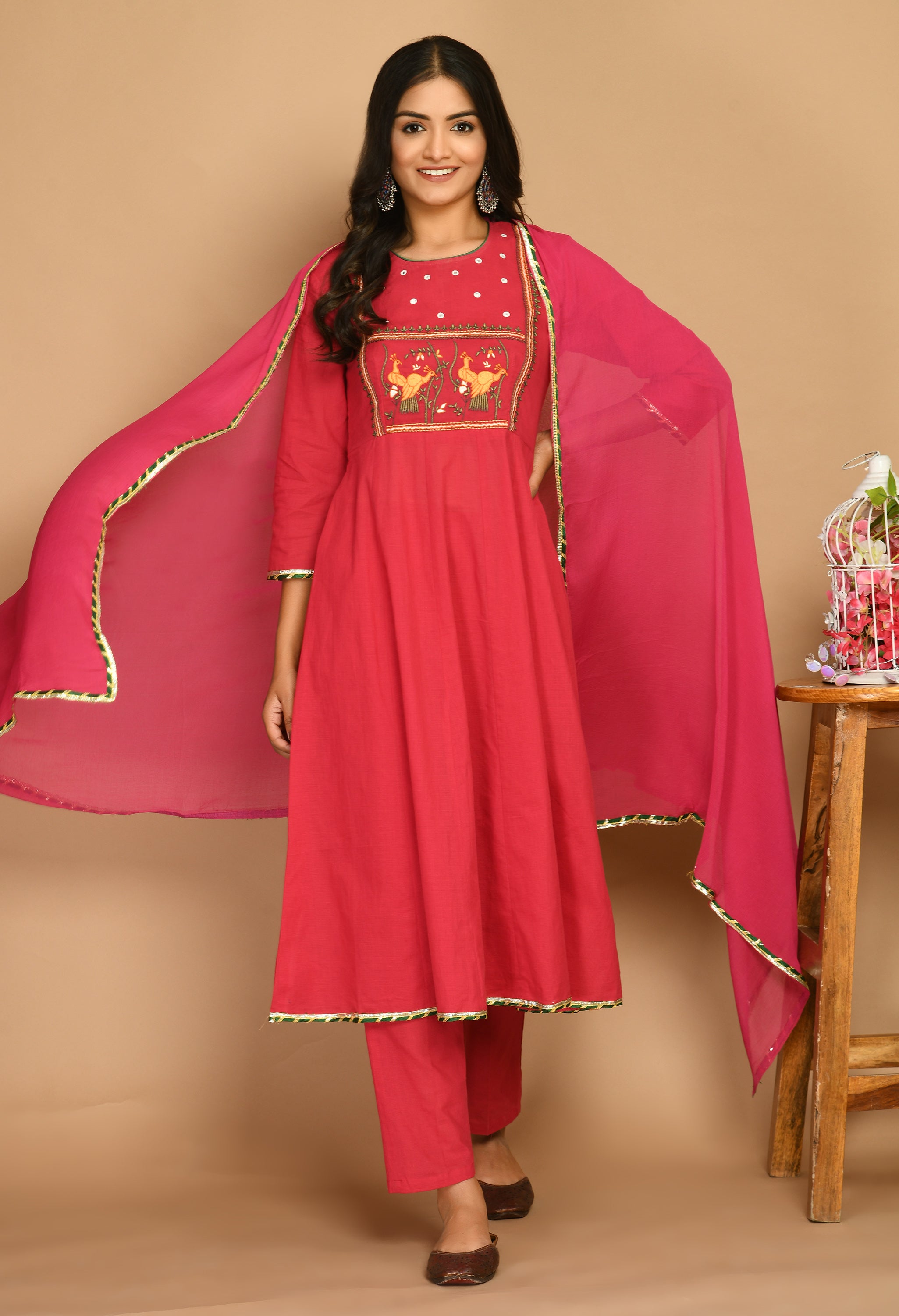 Fuchsia pink embroidered kurta set with gota work and dupatta