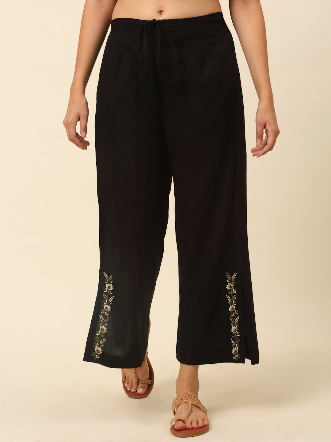 Black Rayon Embroidered Palazzo