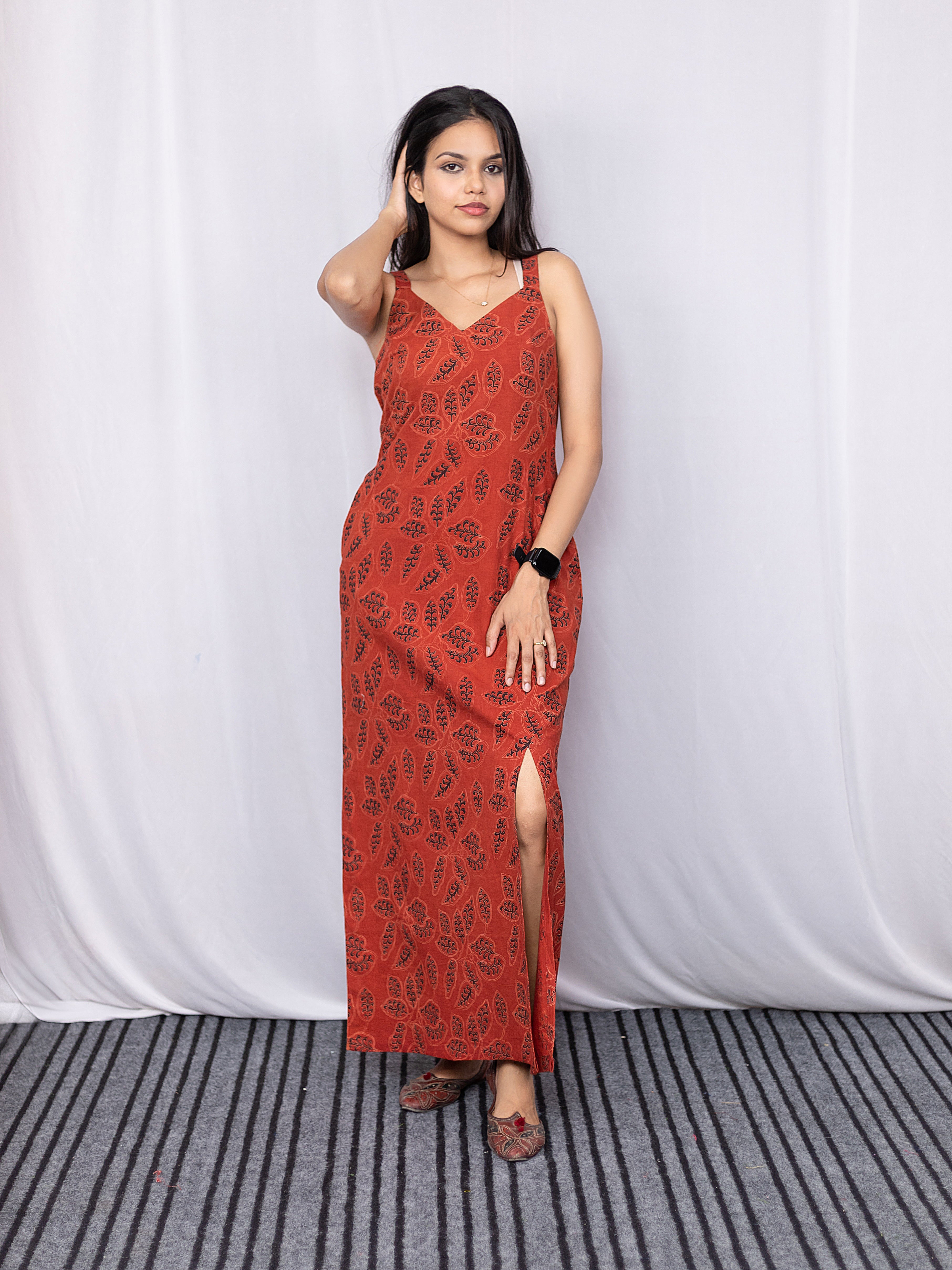 Handblock Printed Brick Red Bagru Printed Slit Dress