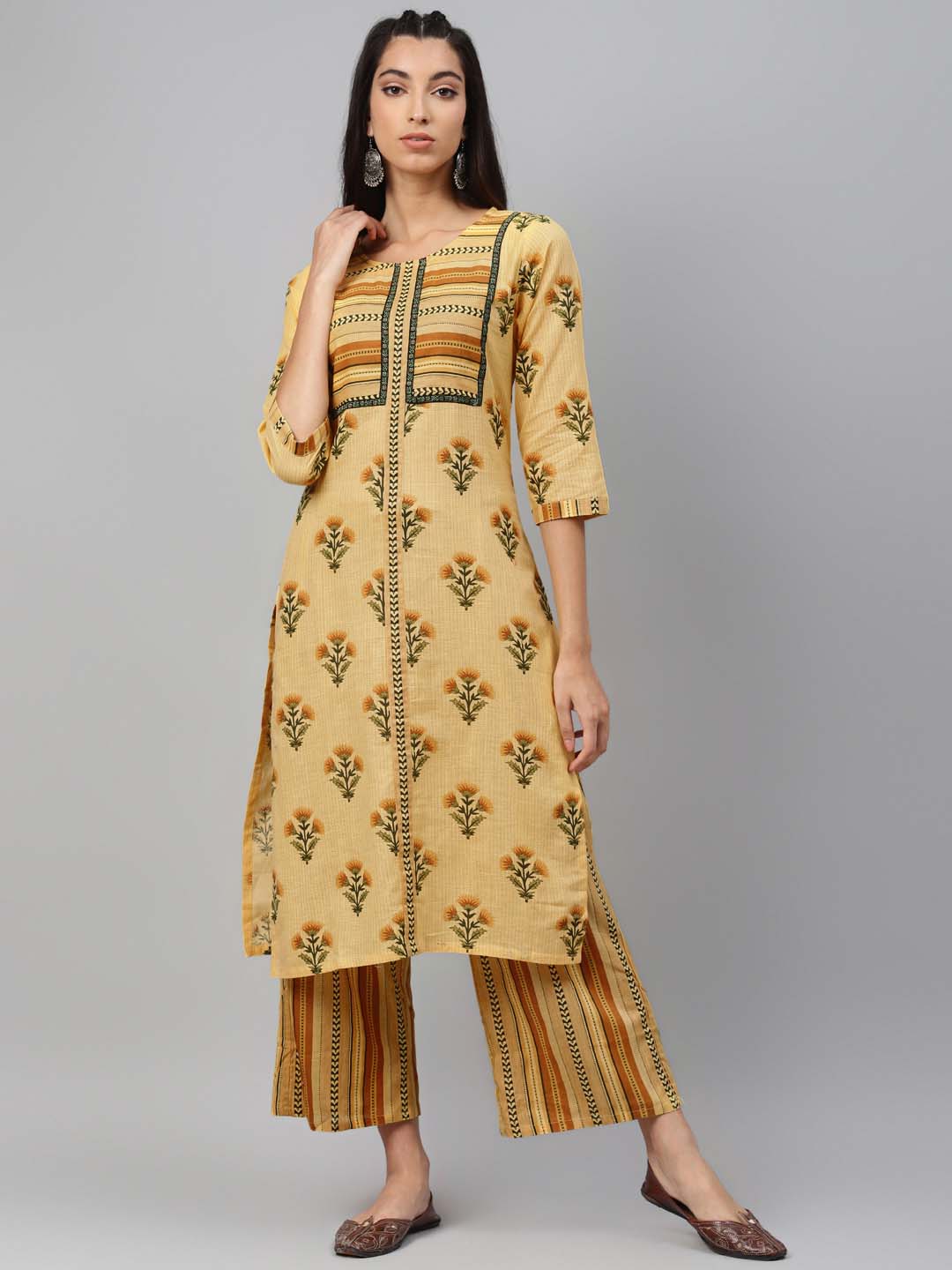 Women Yellow & Green Printed Pure Cotton Kurta with Palazzos