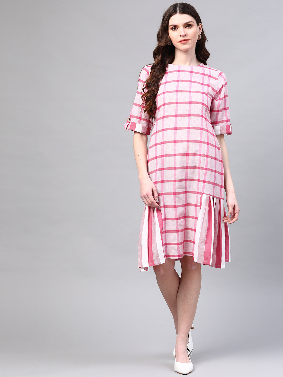 Pink Checked Handloom A-Line Dress