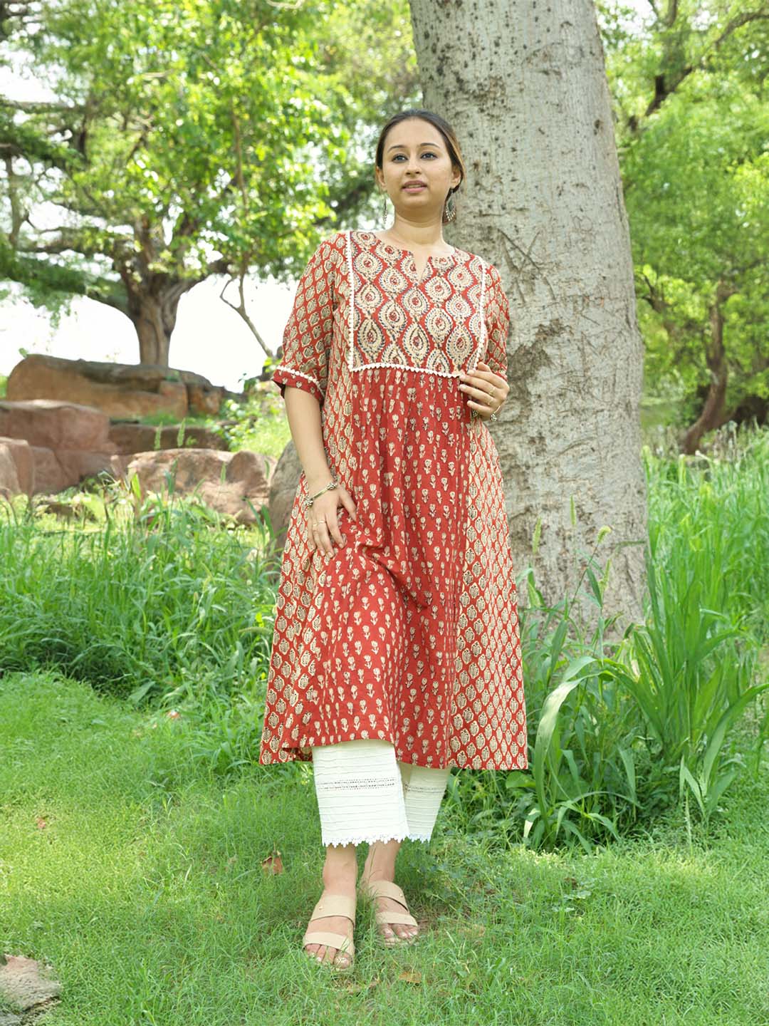 Bagru Handblock Printed Red Booty Yoke Kurta