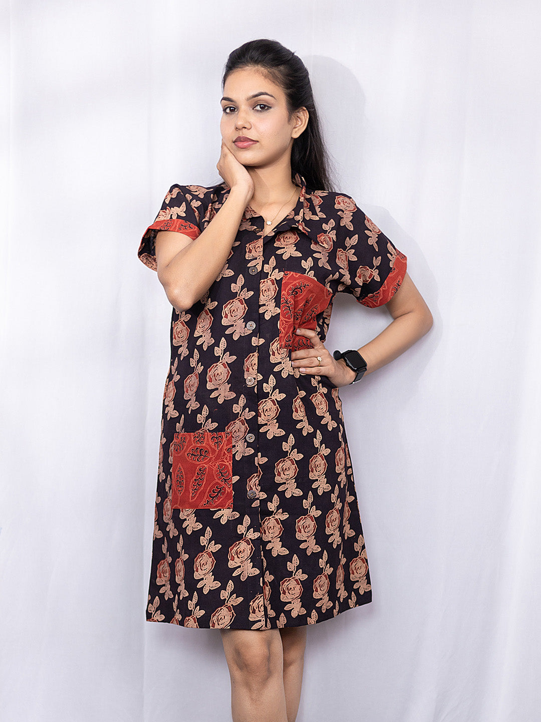 Black Bagru Handblock printed Shirt Dress with patch pocket