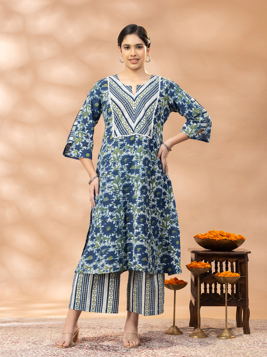 Bagru Indigo Blue and Green Yoke Kurta Palazzo Set