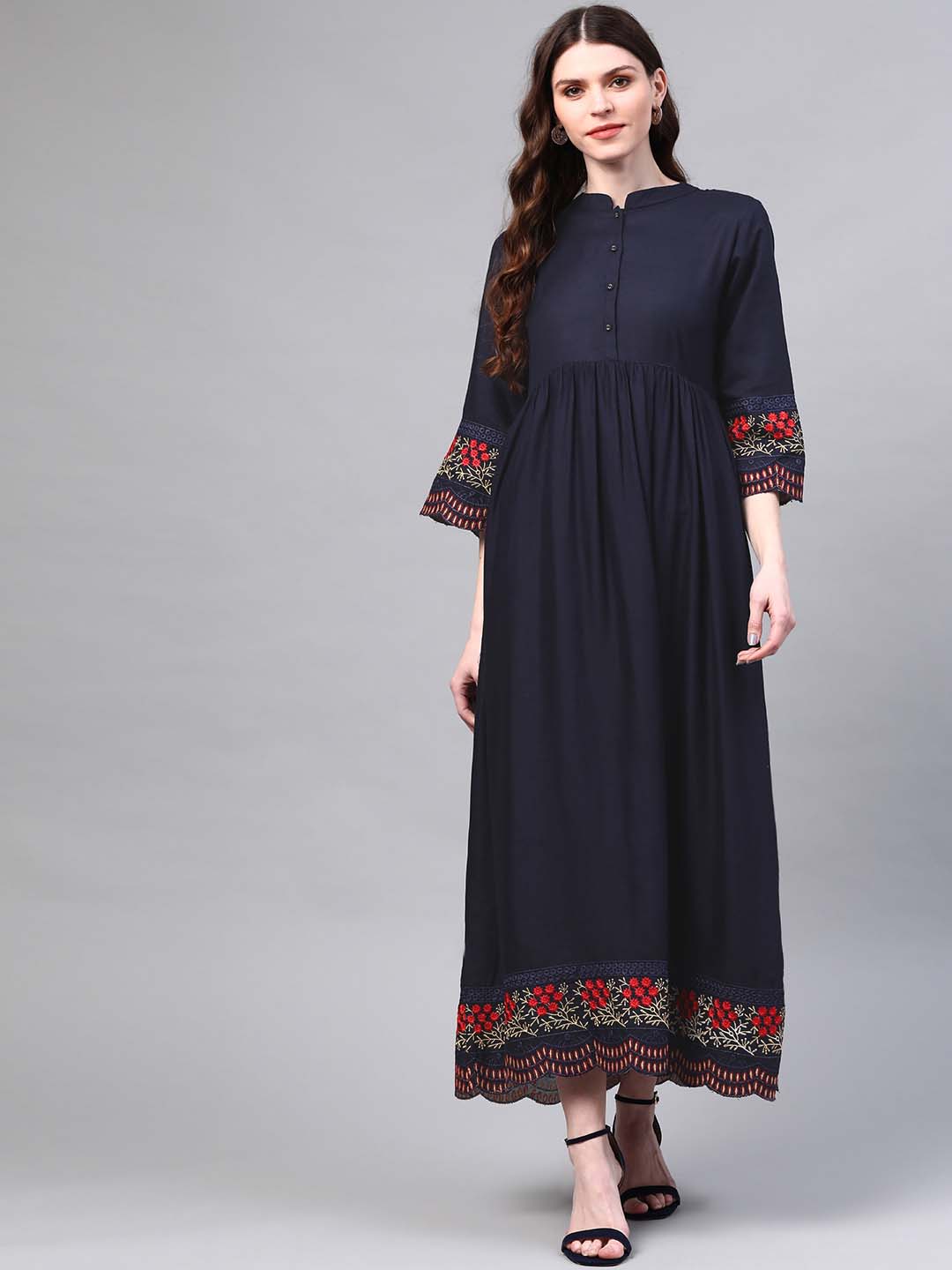 Navy Blue Embroidered A-Line Dress