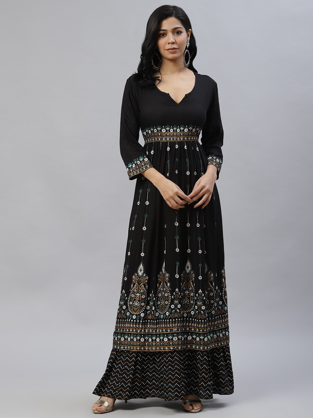 Black & Off White Ethnic Motifs Ethnic Empire Maxi Dress