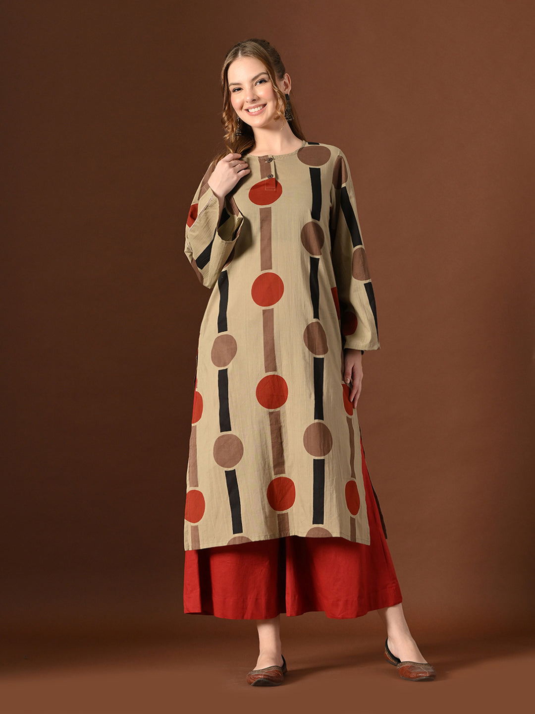 Women Beige Geometrical Print Cotton Oversized Kurta