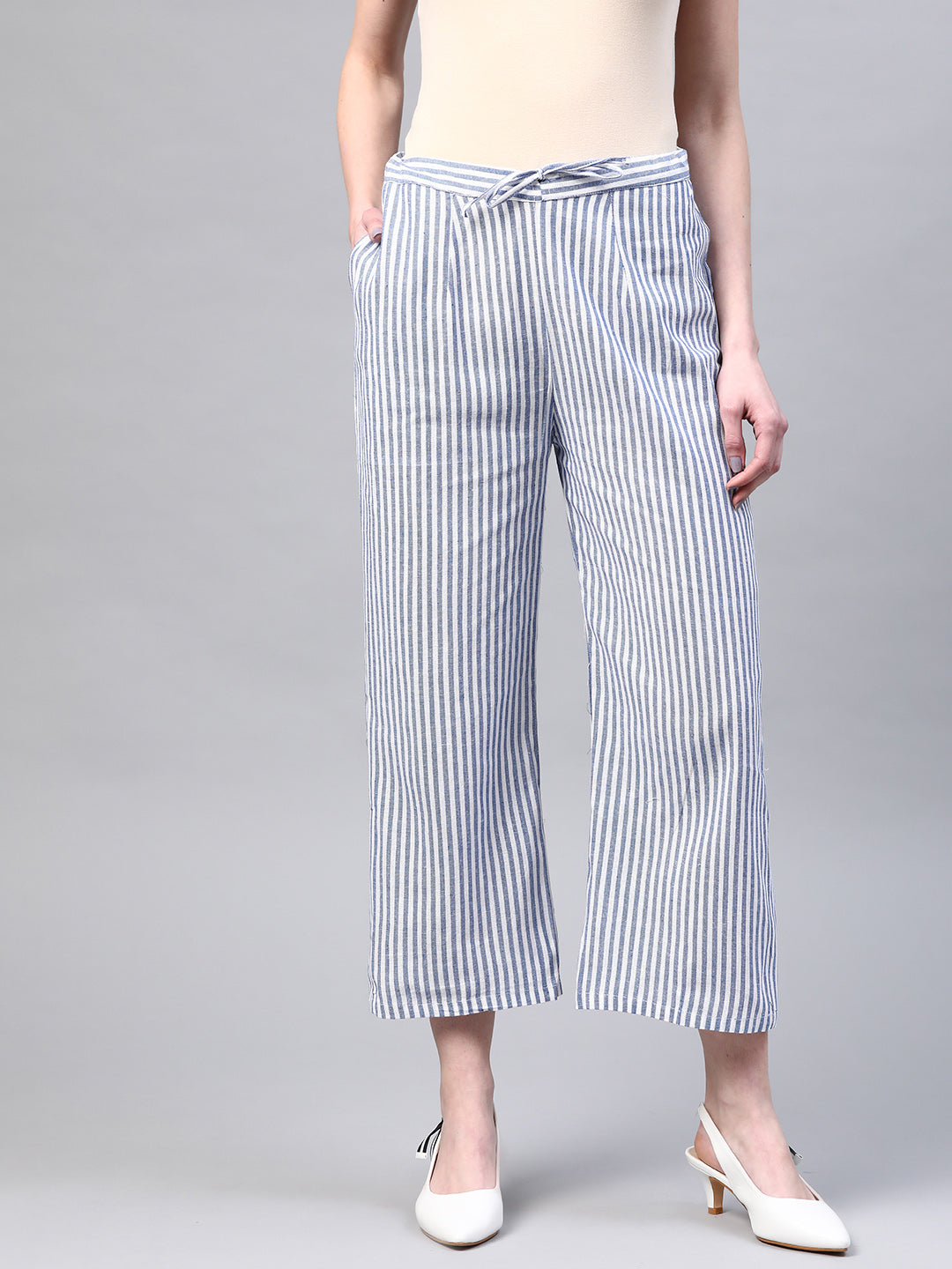 Women Blue & White Handloom Cotton Striped Wide Leg Sustainable Palazzos