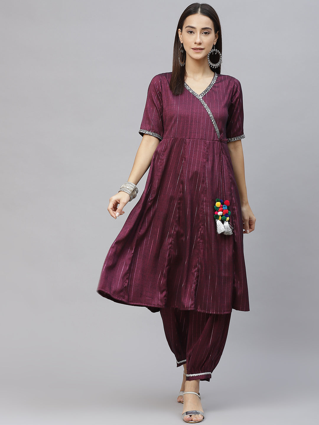 Burgundy & Silver Striped  Lurex Angrakha Kurta & Afghan Salwar