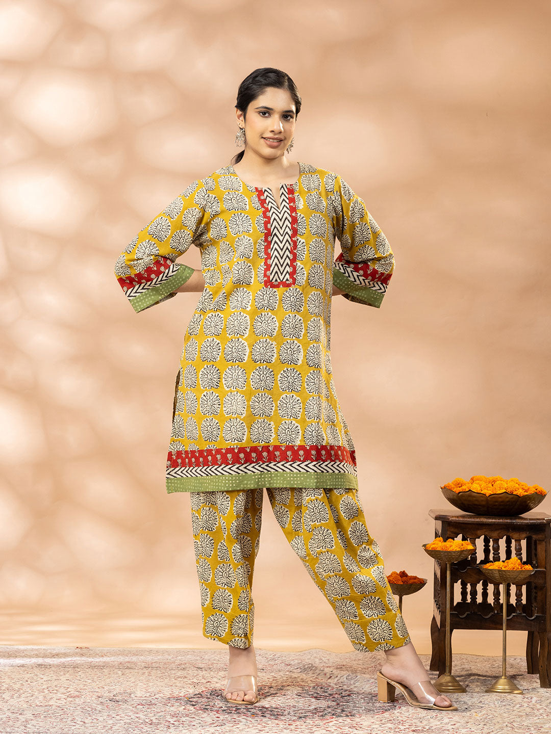 Bagru Mustard Yellow Black Boota  Kurta Salwar Set