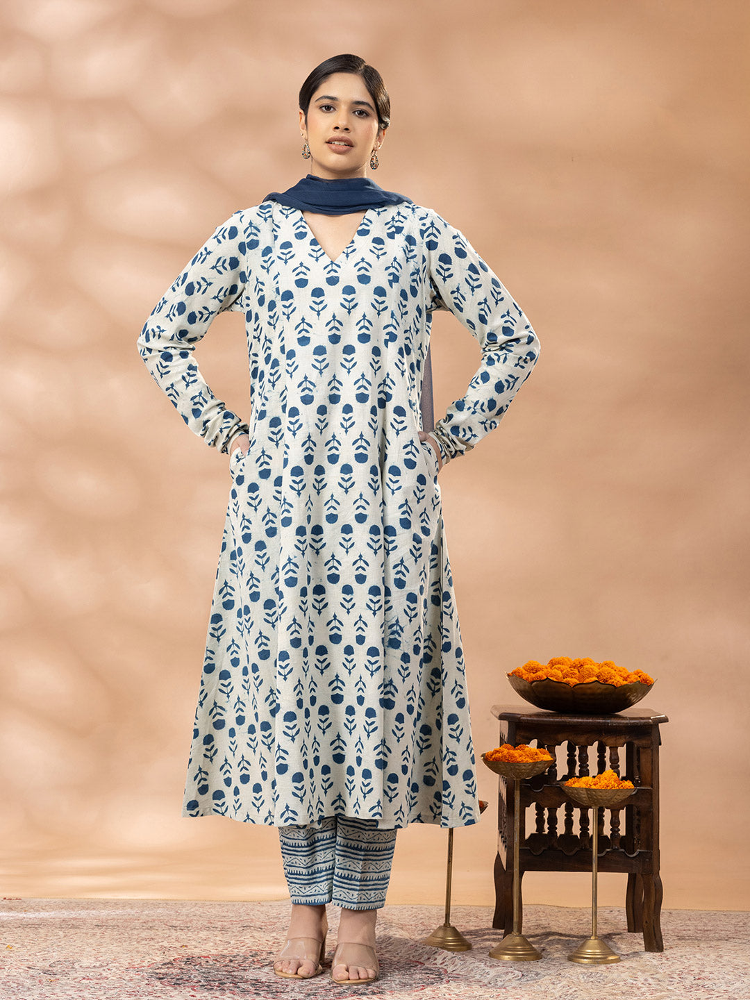 Bagru Handblock Printed Indigo Blue Churidar Sleeves Kurta Set