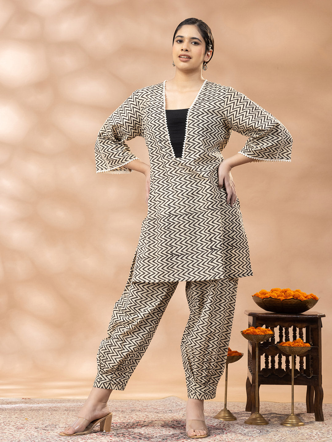 Black and Beige Zig Zag Bagru Print Kurta set