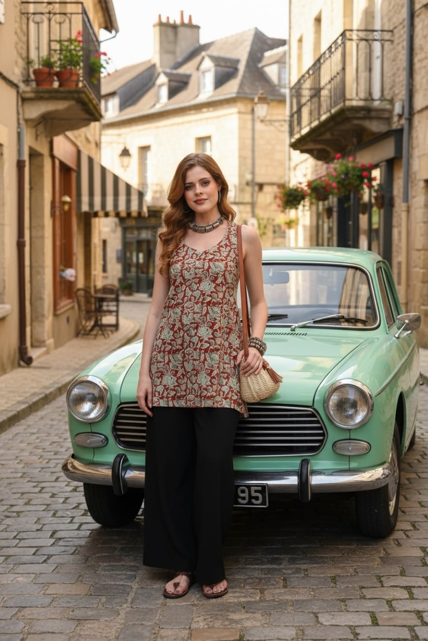 Women Botanical Printed Halter Neck Pure Cotton Kurti