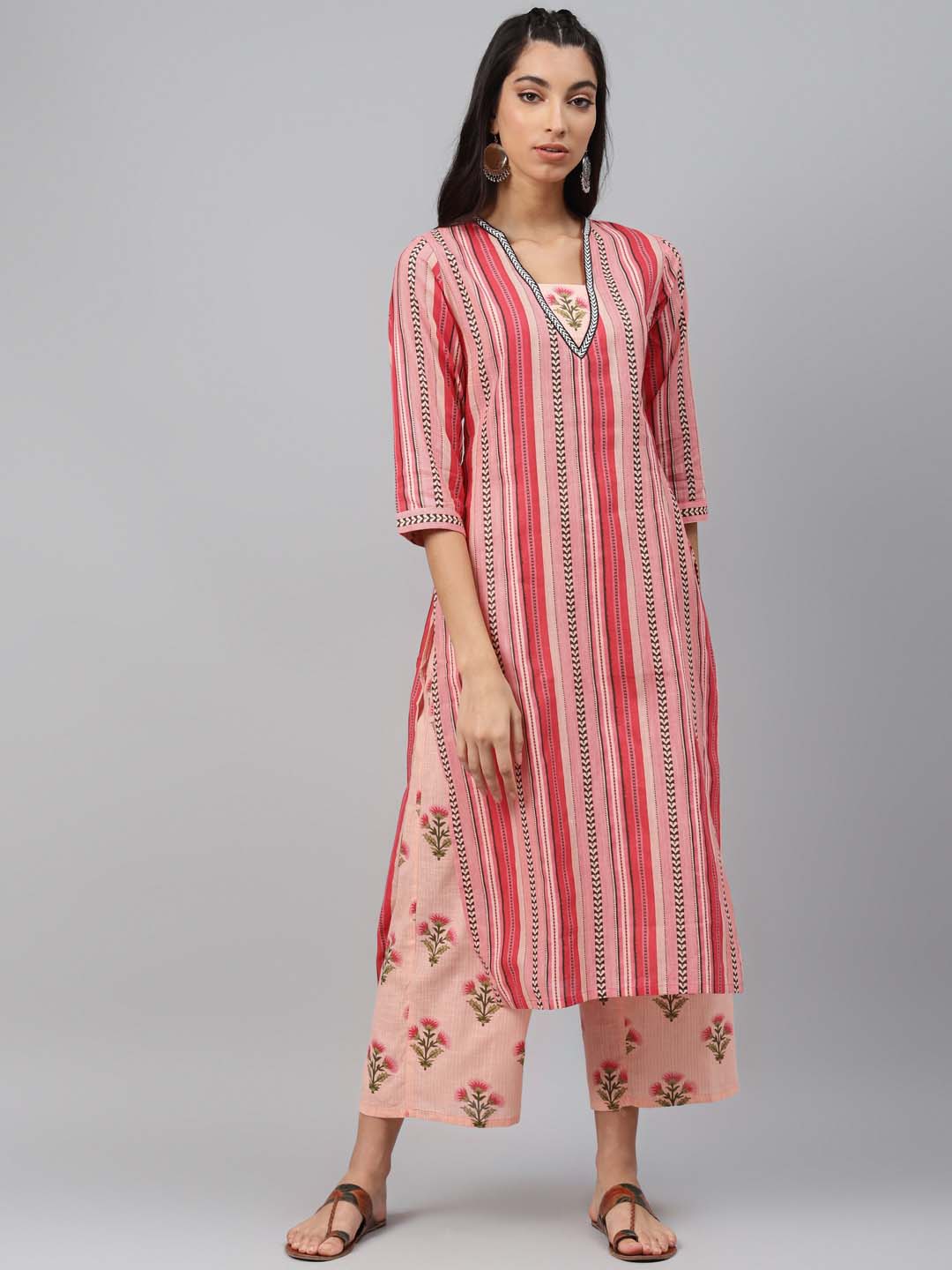 Women Pink & Black Striped Pure Cotton Kurta with Palazzos