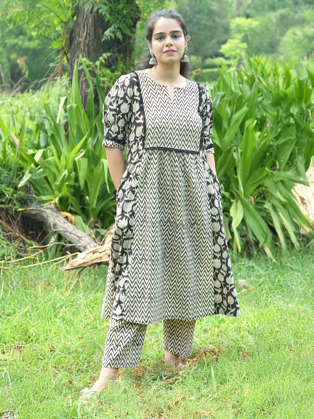 Bagru Handblock Printed Black and Beige Yoke Design Kurta