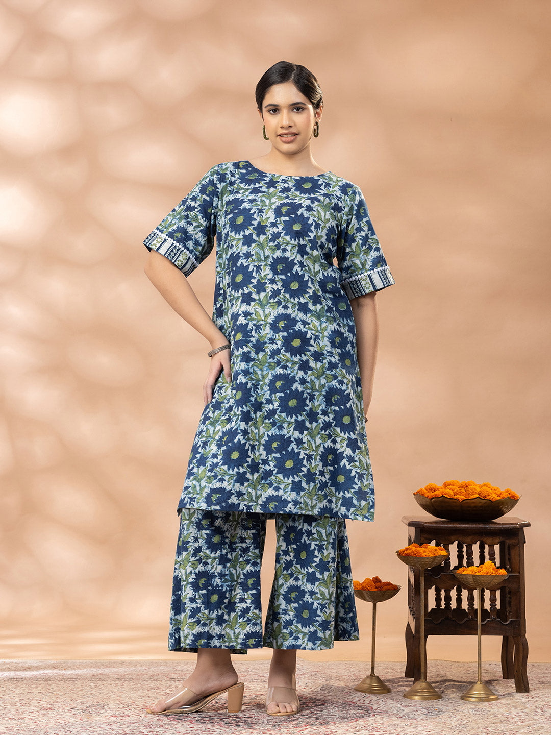 Bagru Indigo Blue and  Green floral Round Neck Kurta Set