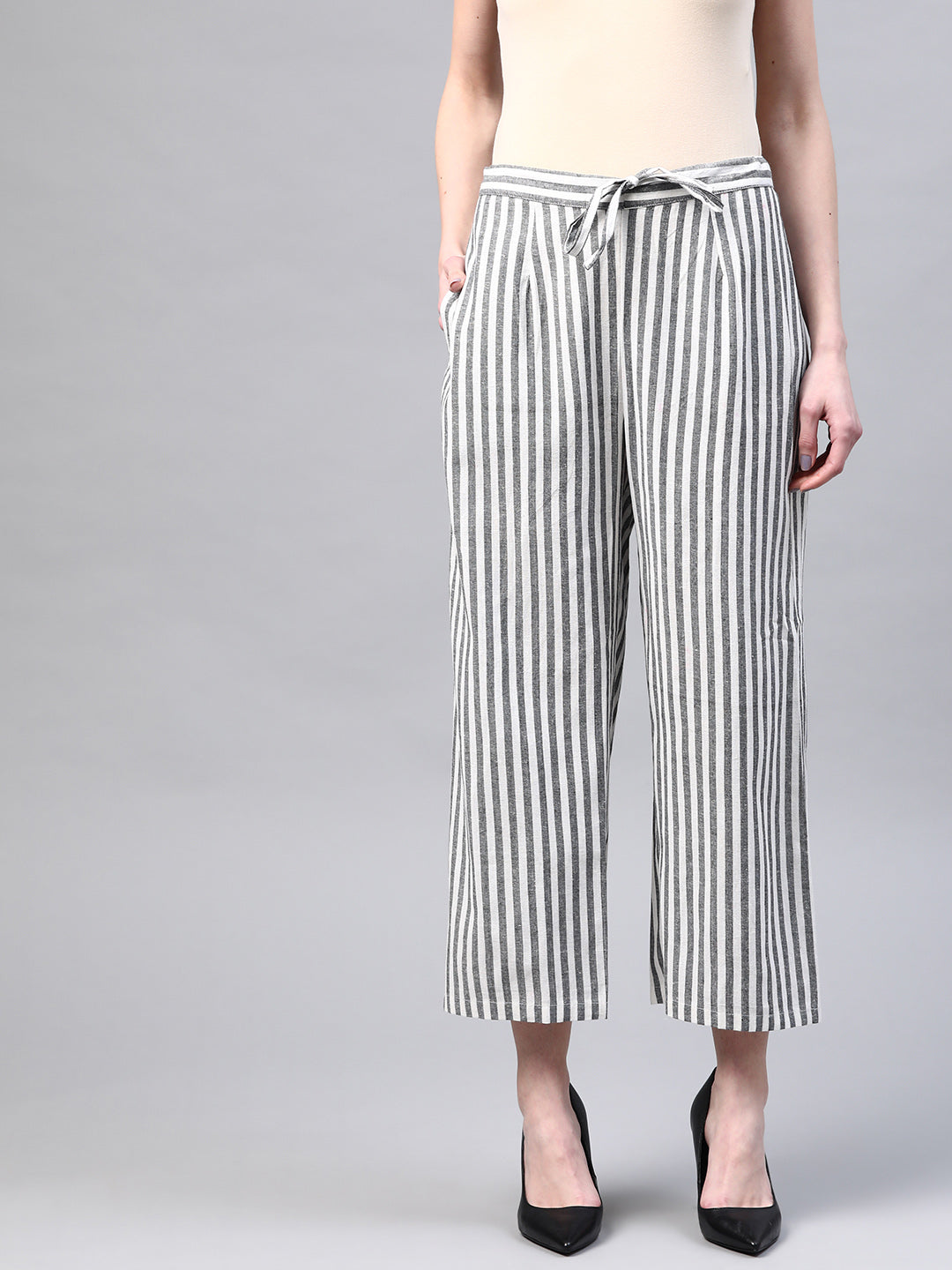 Women Black & White Handloom Cotton Striped Wide Leg Sustainable Palazzos