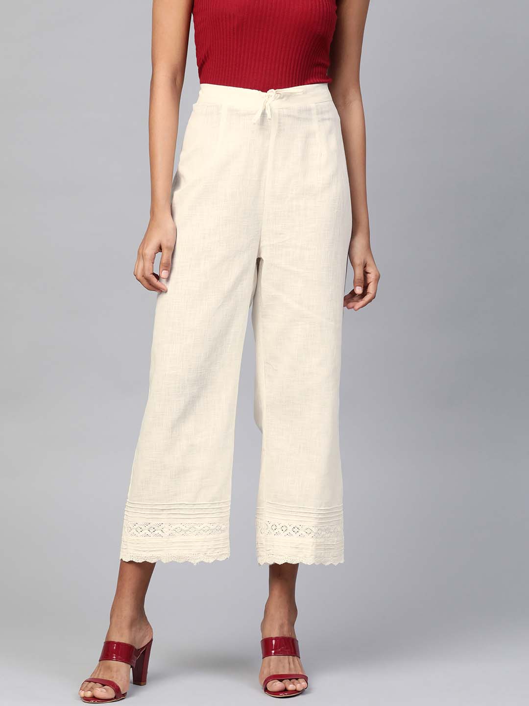 Off-white Cotton Palazzo With Lace and Pintucks