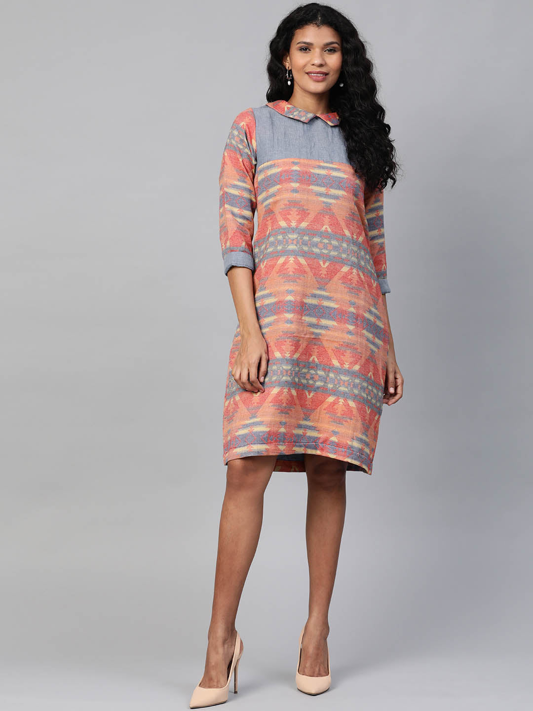 Orange & Blue Ethnic Ikkat Woven Shift Dress