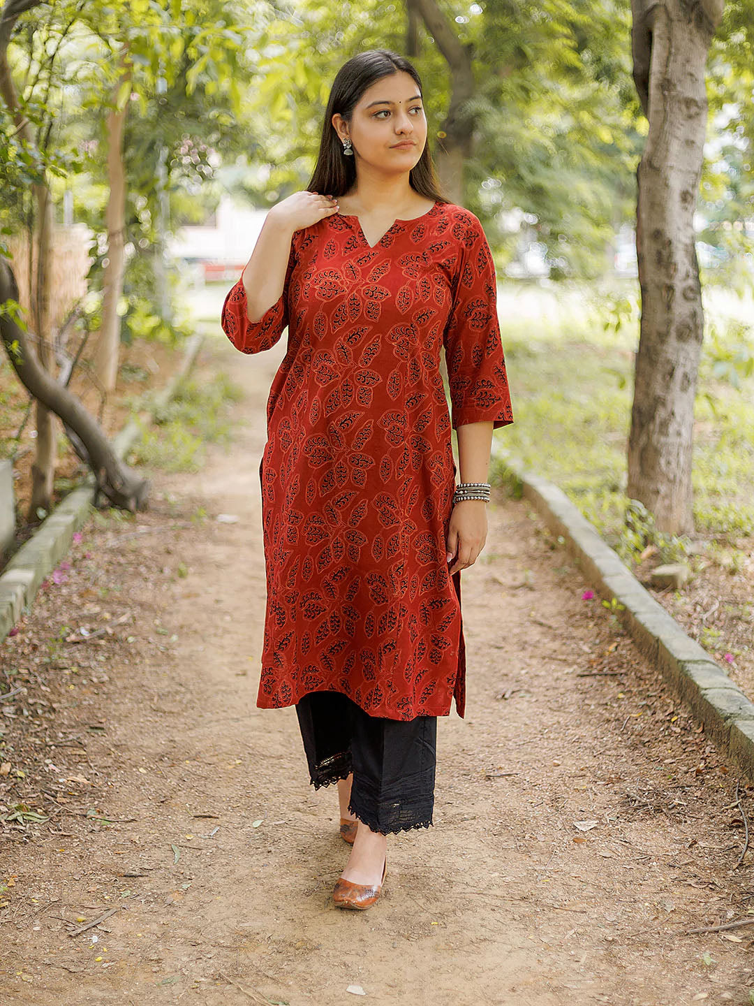 Brick Red Dabu Kurta with Black Palazzo Set