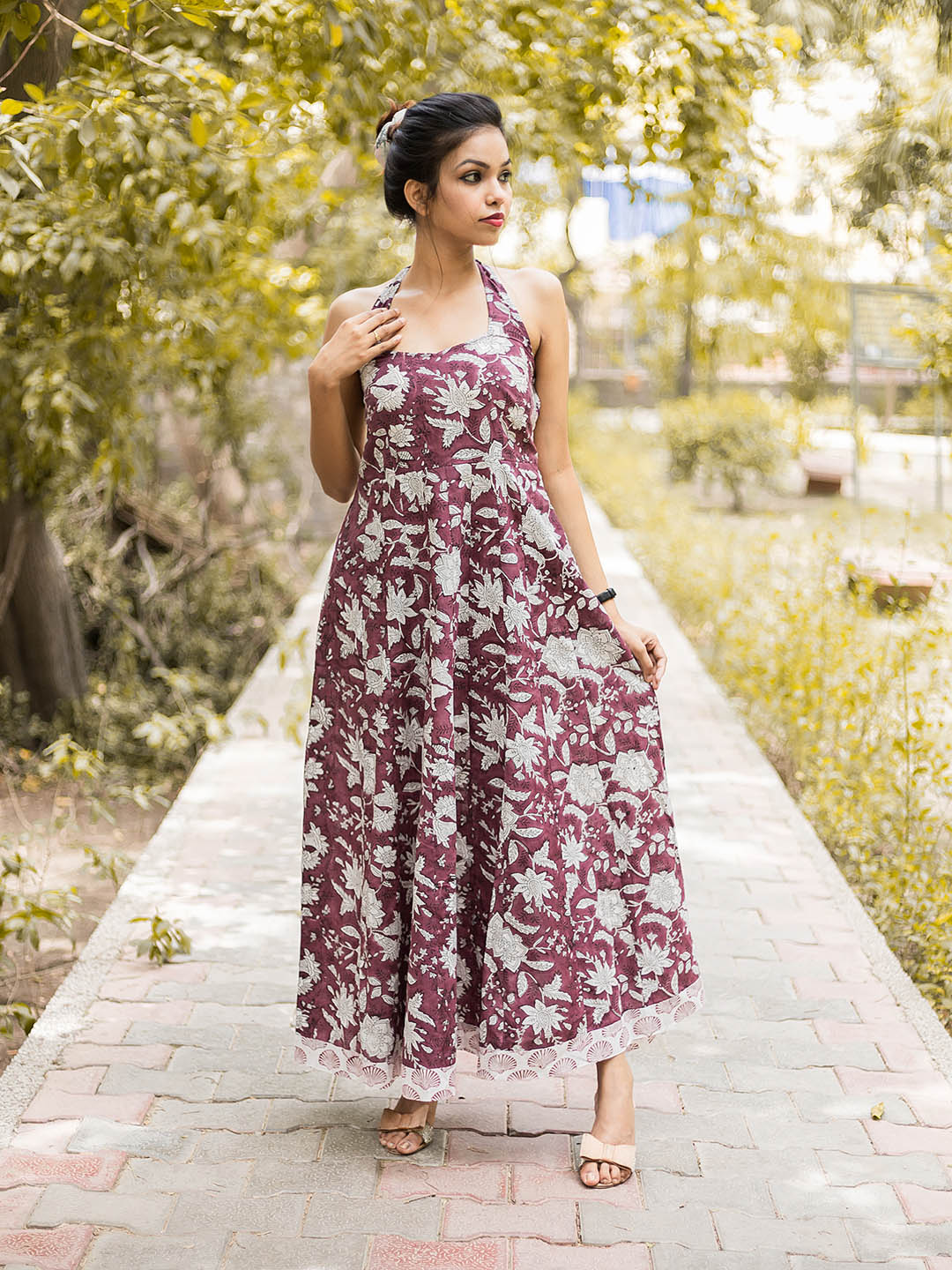 HandBlock Printed Violet HalterNeck Dress with Smocking at the back