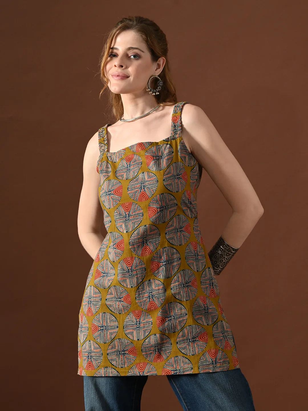 Women Geometrical Print Tisca Backless Kurti