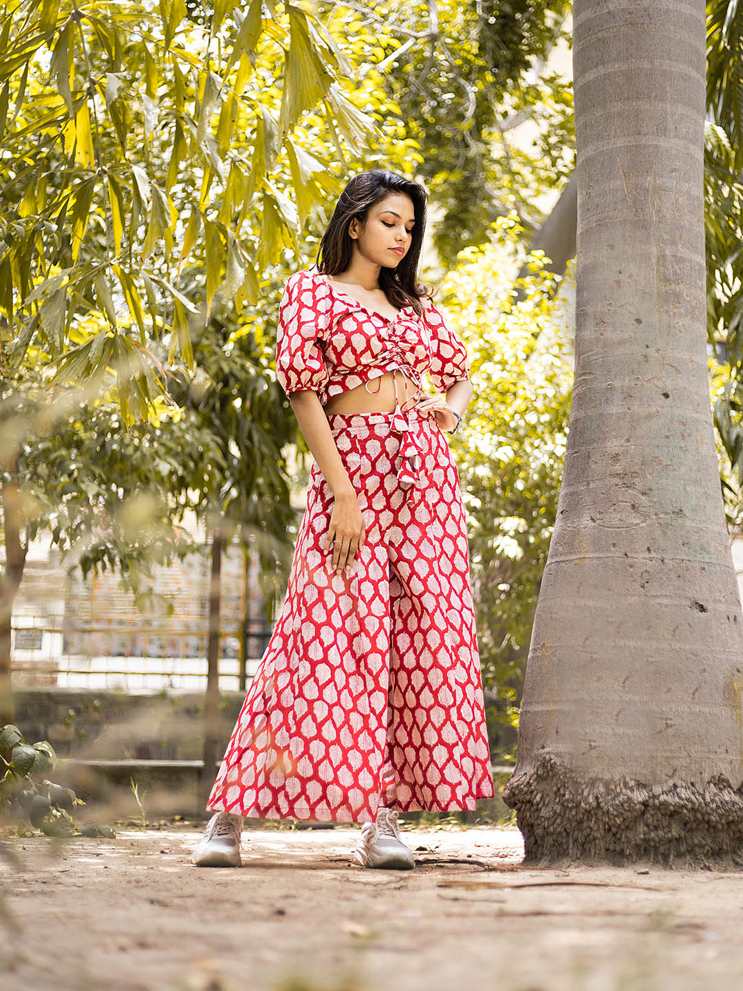 HandBlock Printed Red Leaf Print CO-Ord Set