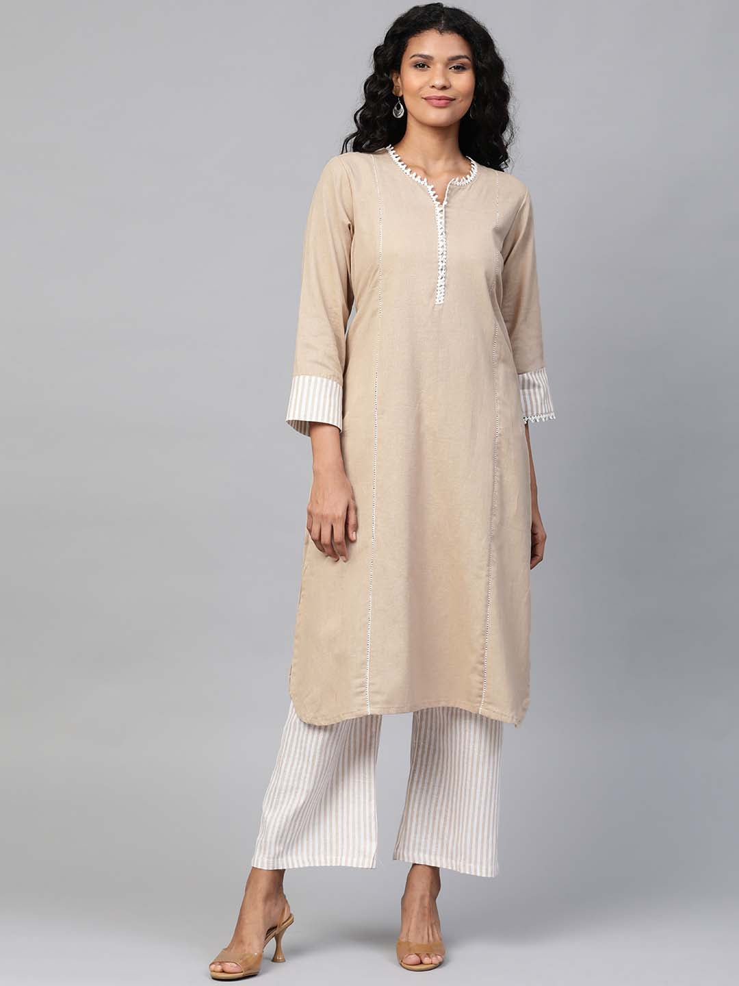 Women Beige & Off-White Solid Kurta with Sustainable Palazzos