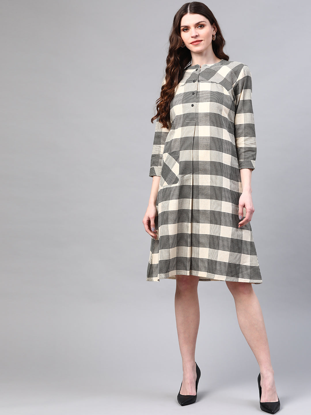 Off-White Black Checked Pleated A-Line Dress