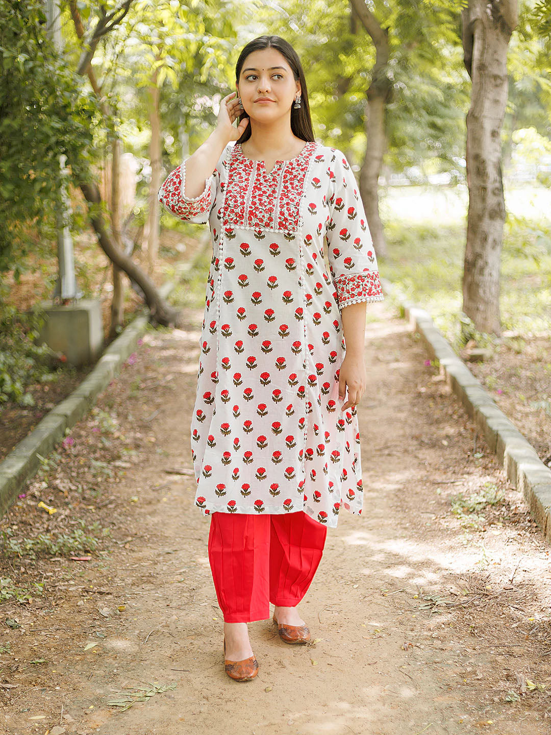 Handblock Printed Red Booty Yoke Lace Design Set