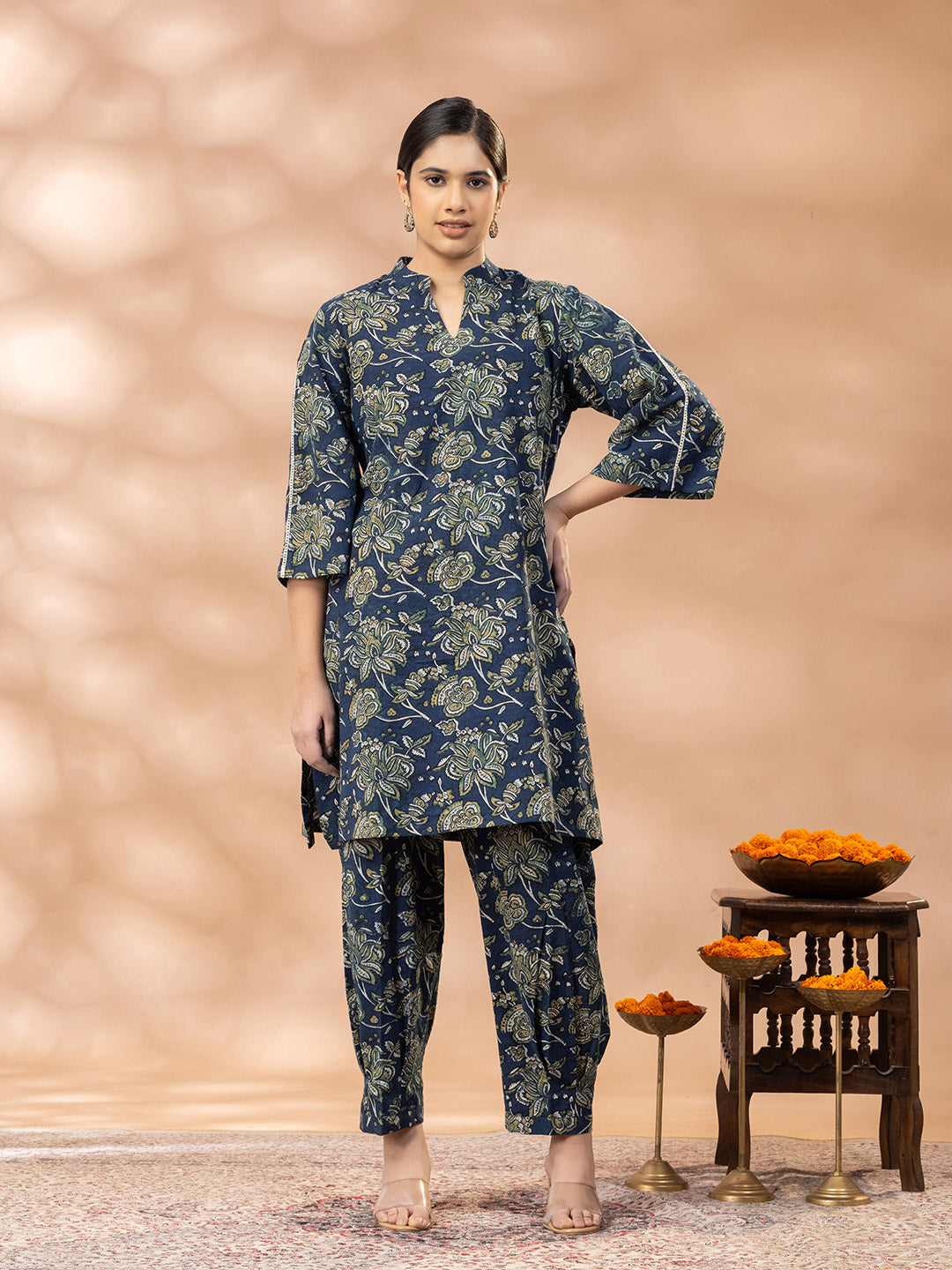 Indigo Ajrakh Mandrin Neck Kurta Salwar Set
