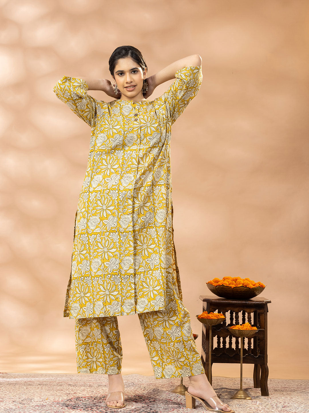 Bagru Yellow and Cream Mandarin Neck Kurta Set