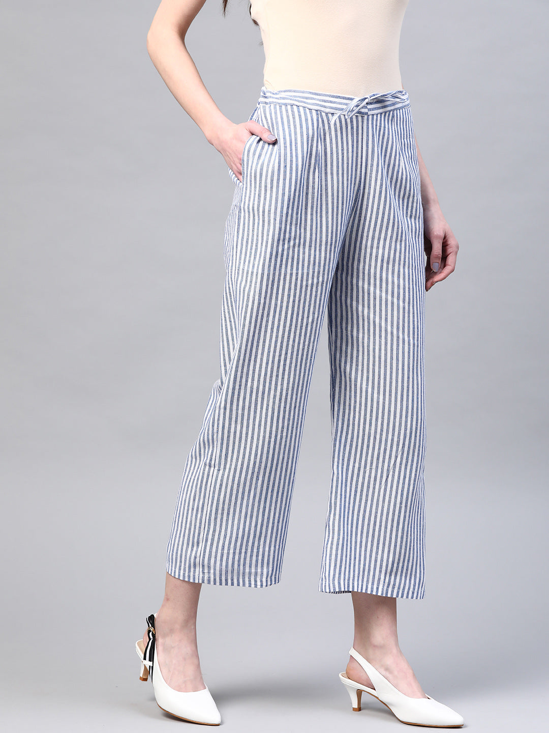 Women Blue & White Handloom Cotton Striped Wide Leg Sustainable Palazzos