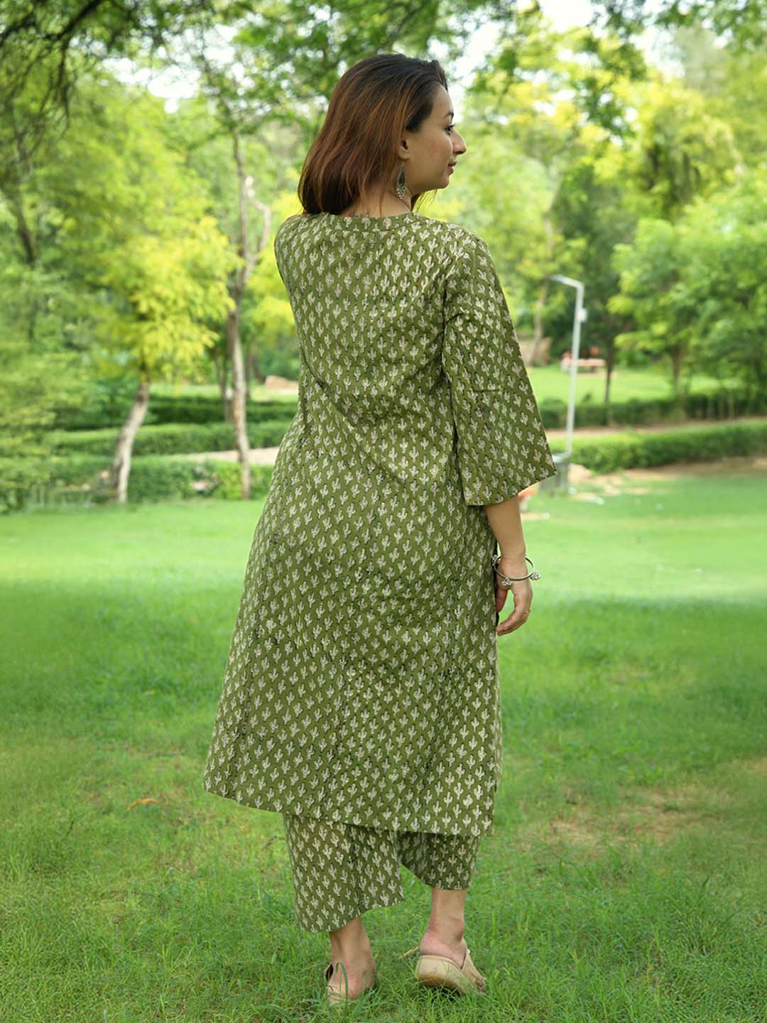 Bagru Handblock Printed Green Cactus Print Kurta Set