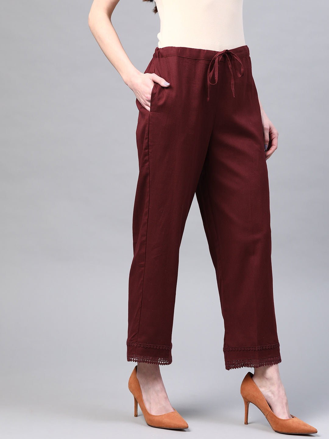 Maroon Hem Design Cotton Handloom  Straight Sustainable Palazzos