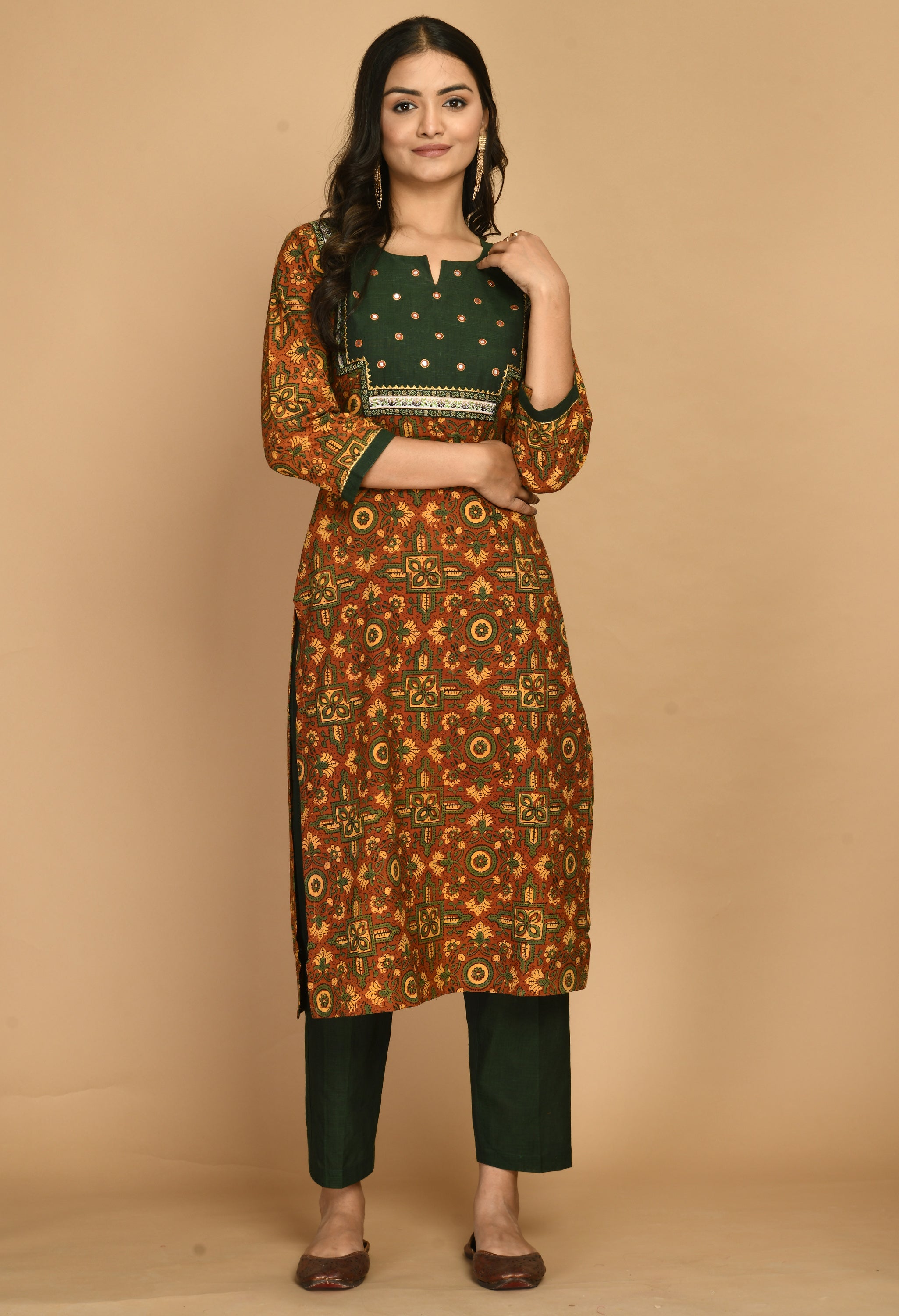 Rust Ajrakh Kurta Set  with Handloom Pants